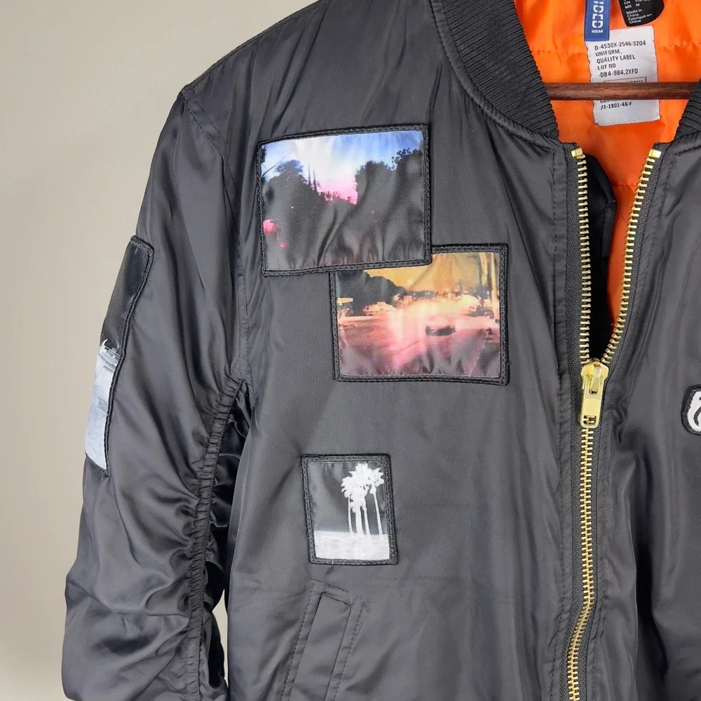 HM Divided Mens LA Patch Bomber Jacket Black Orange Lining Medium Streetwear MA1